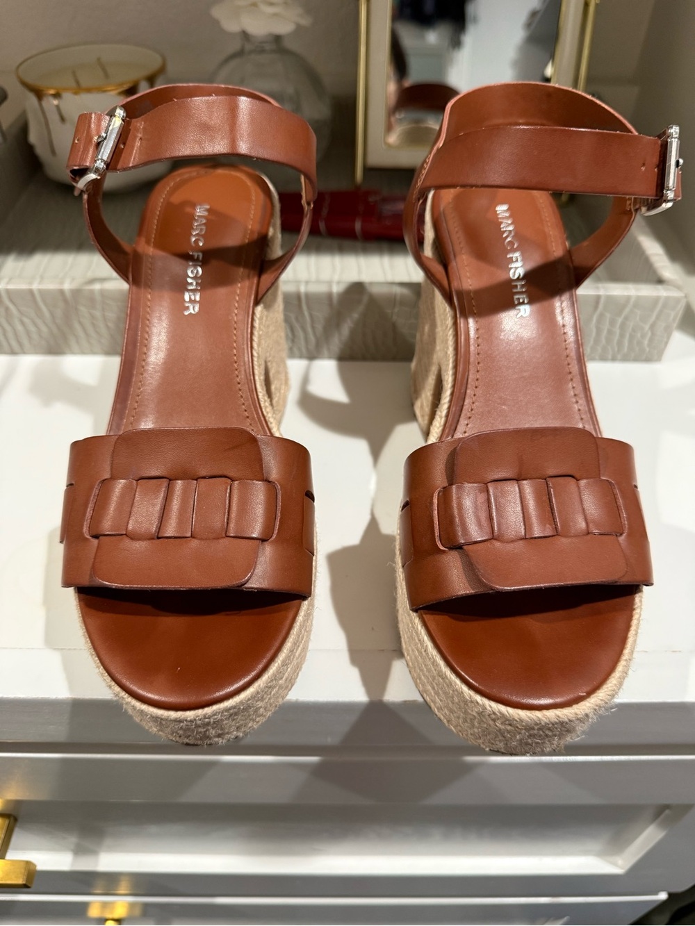 Marc Fisher Brown Leather Espadrille Wedge Sandals